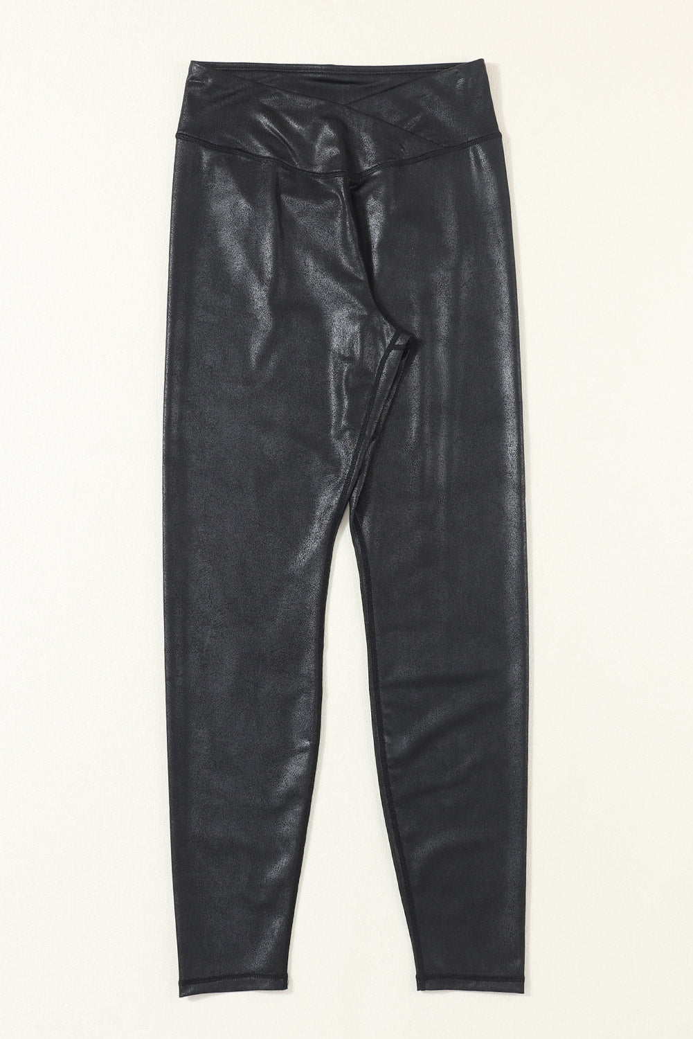 Navy Blue Crossed Dip Waist Sleek Leather Leggings - Street Rider Apparel