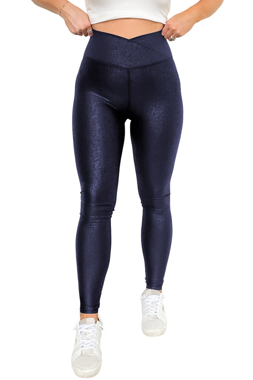 Navy Blue Crossed Dip Waist Sleek Leather Leggings - Street Rider Apparel