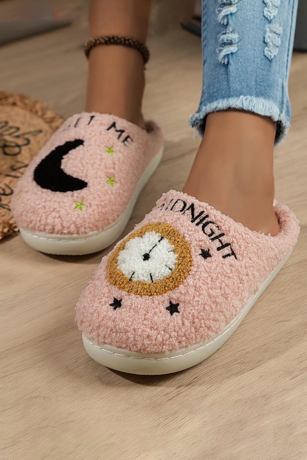 Parchment Moon & Clock Pattern Fuzzy Home Slippers - Street Rider Apparel