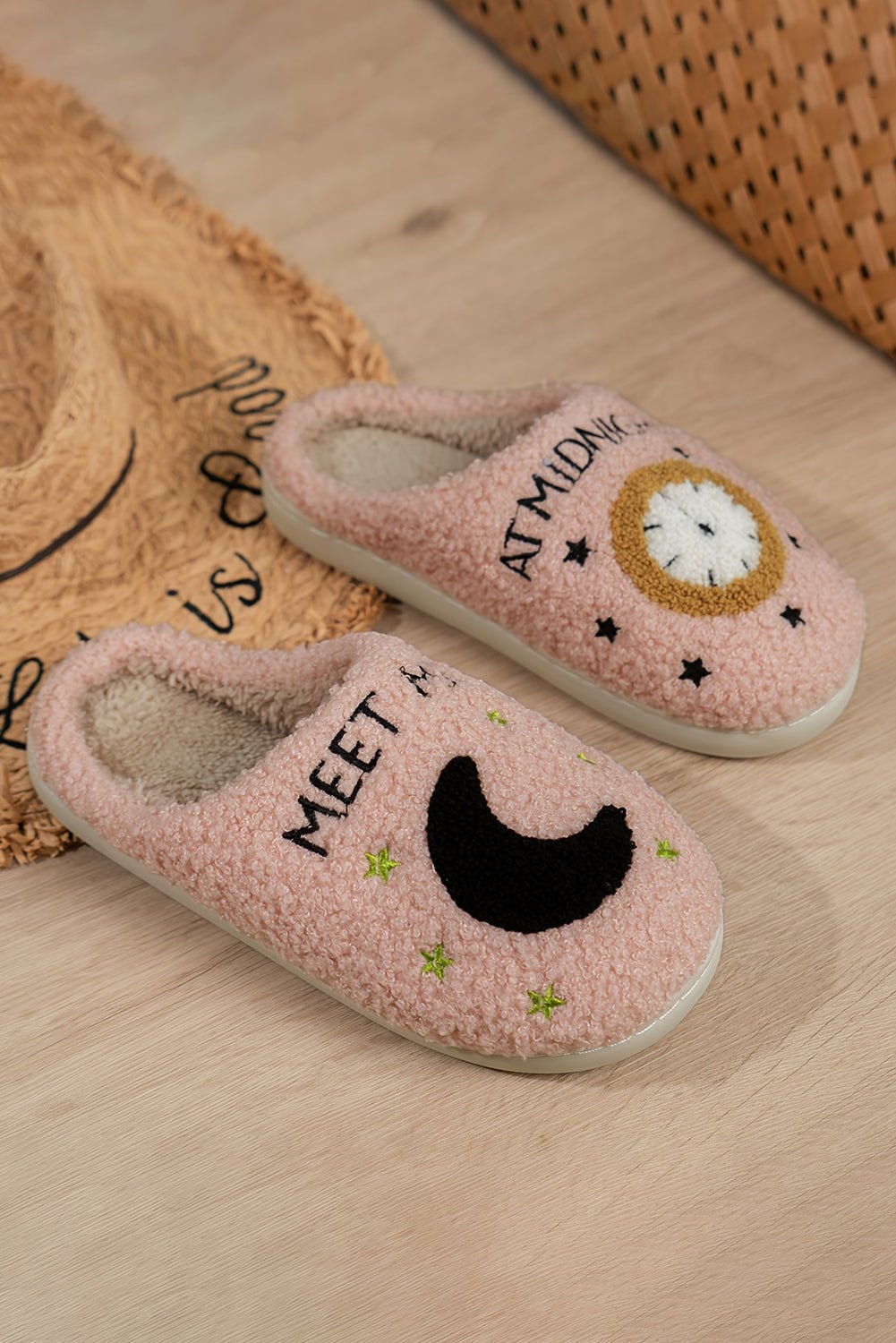 Parchment Moon & Clock Pattern Fuzzy Home Slippers - Street Rider Apparel