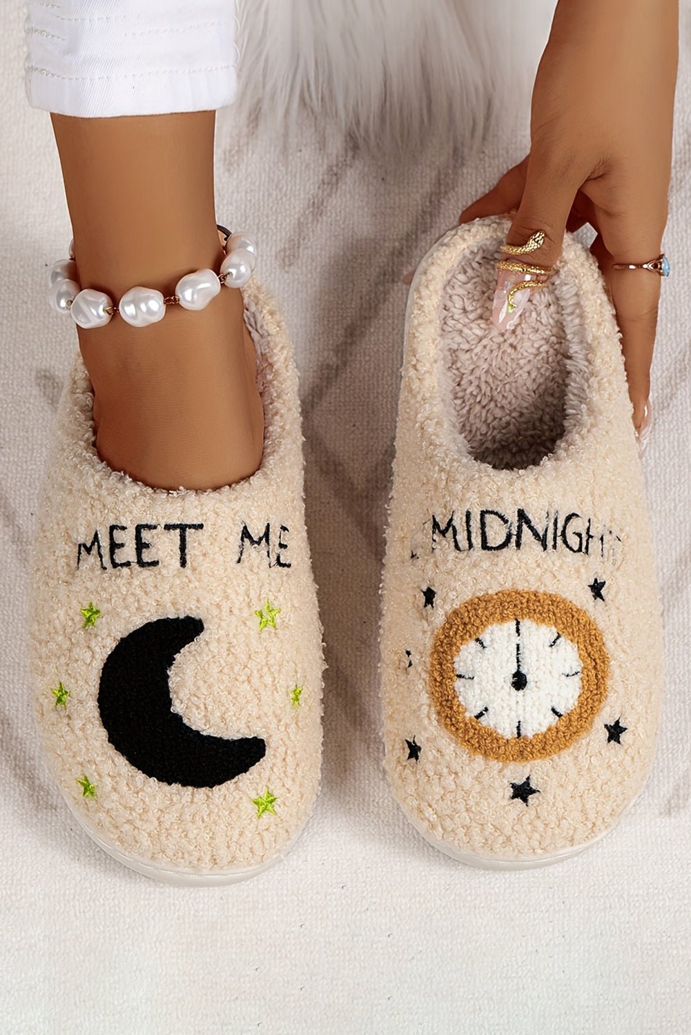 Parchment Moon & Clock Pattern Fuzzy Home Slippers - Street Rider Apparel