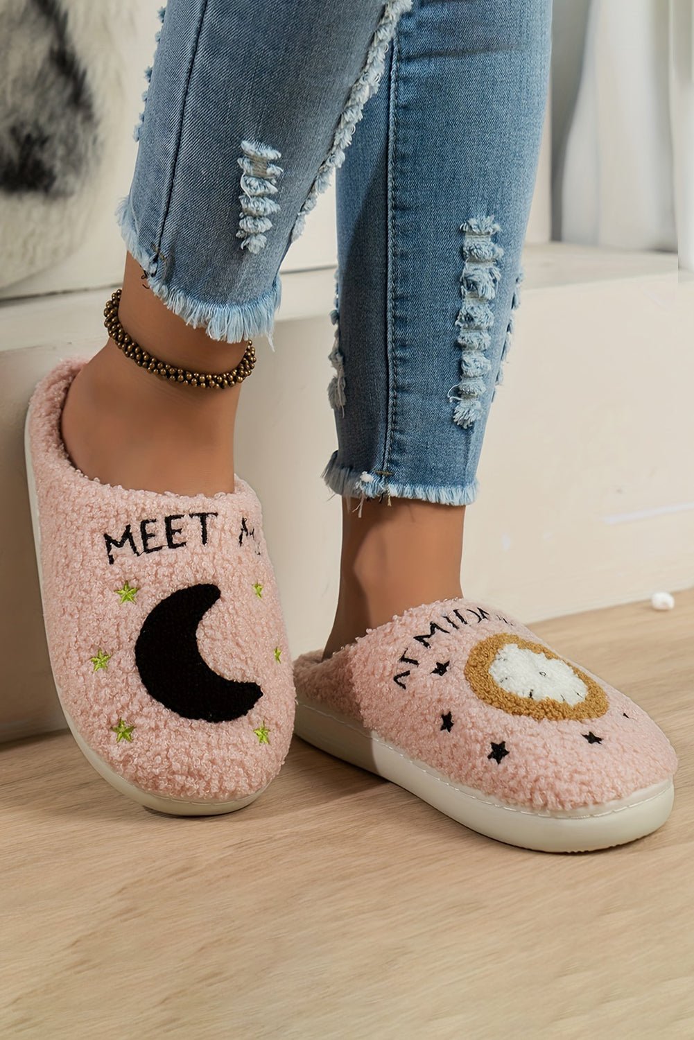 Parchment Moon & Clock Pattern Fuzzy Home Slippers - Street Rider Apparel