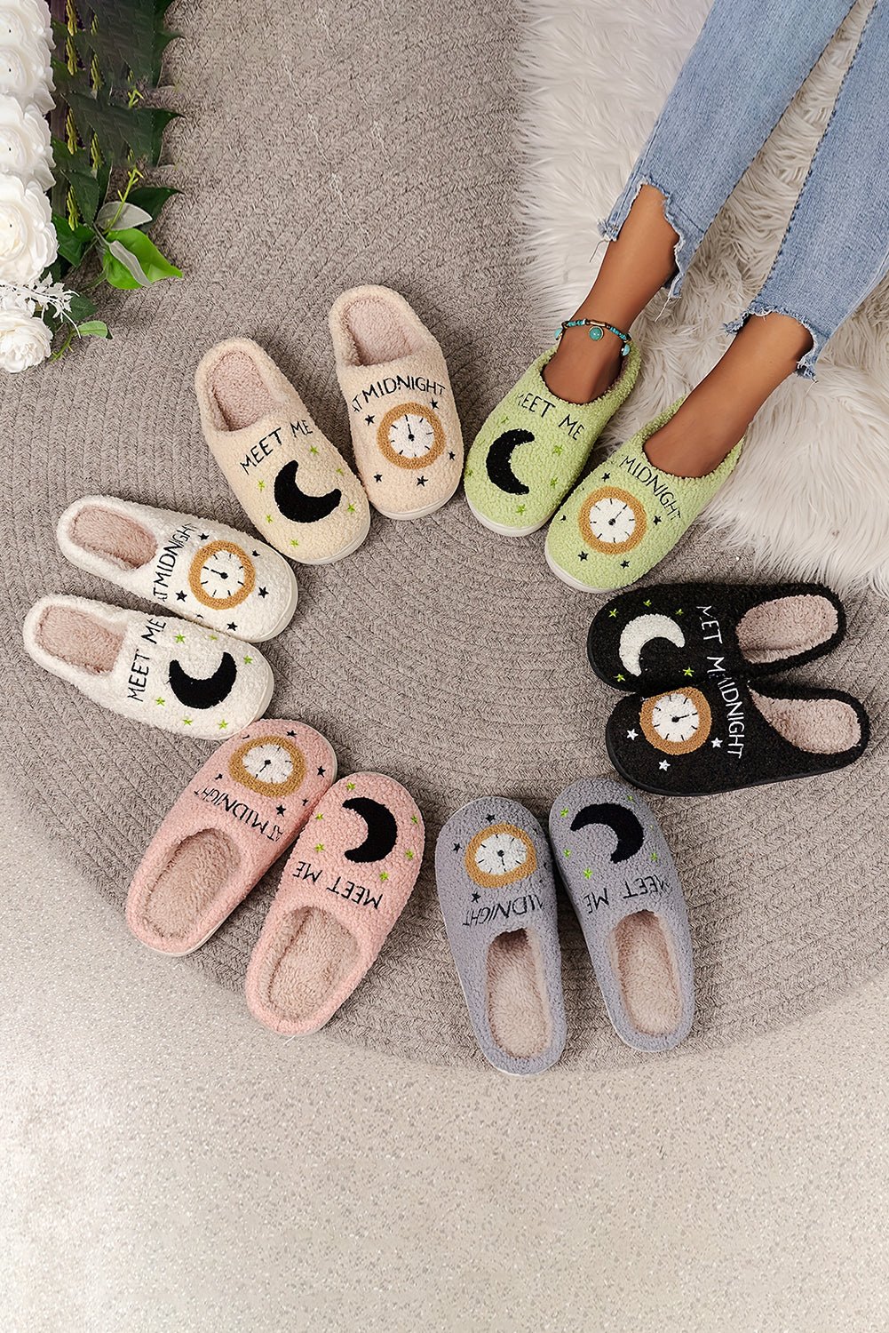 Parchment Moon & Clock Pattern Fuzzy Home Slippers - Street Rider Apparel