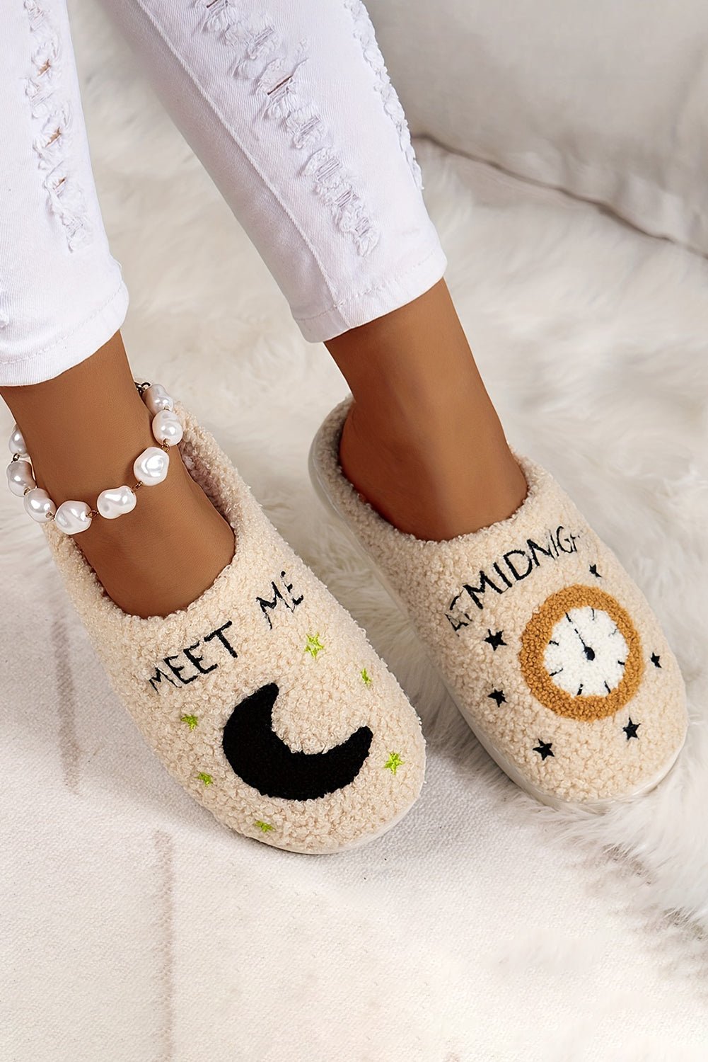 Parchment Moon & Clock Pattern Fuzzy Home Slippers - Street Rider Apparel