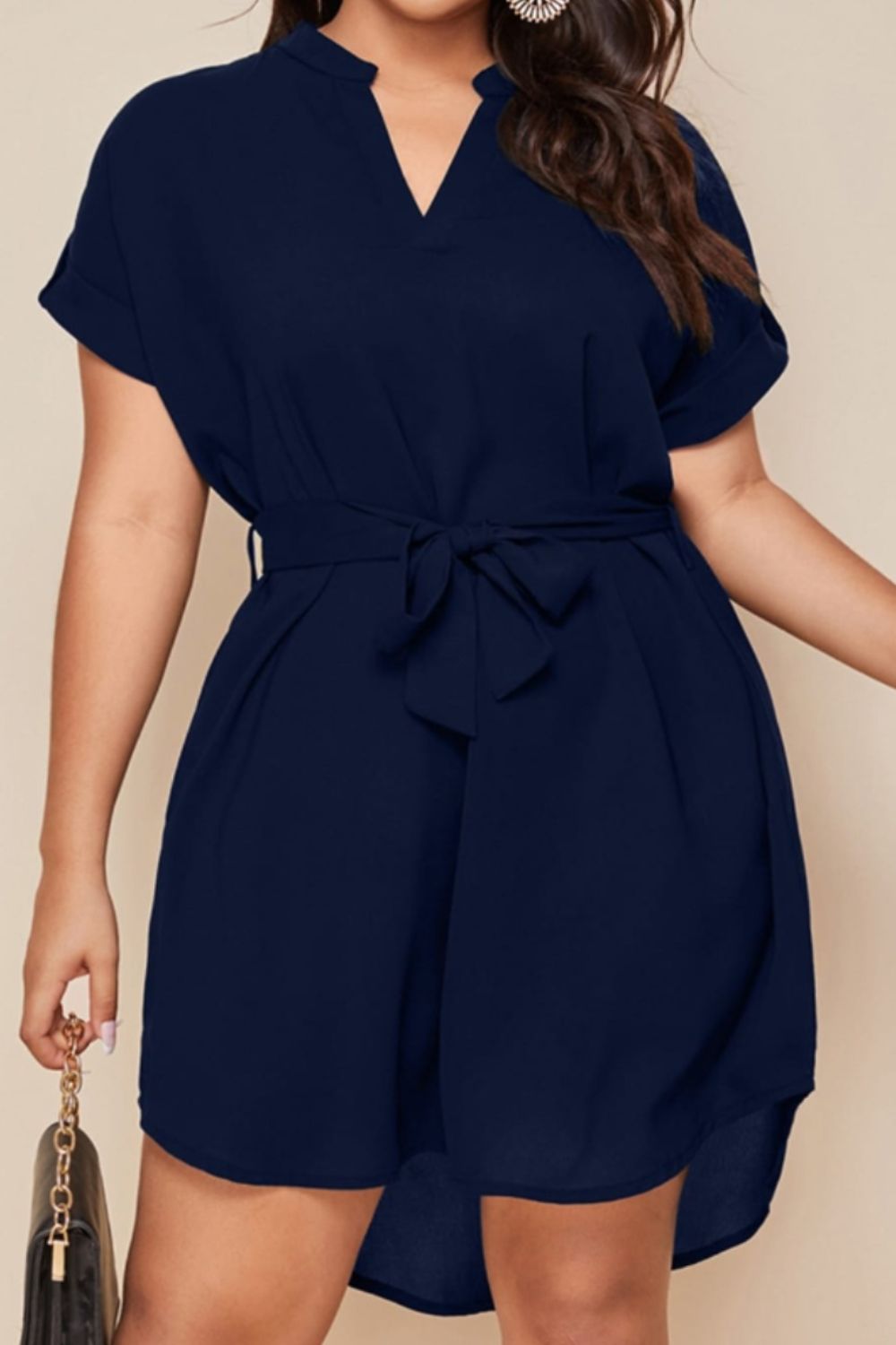 Plus Size Notched Tie Waist Mini Dress - Street Rider Apparel