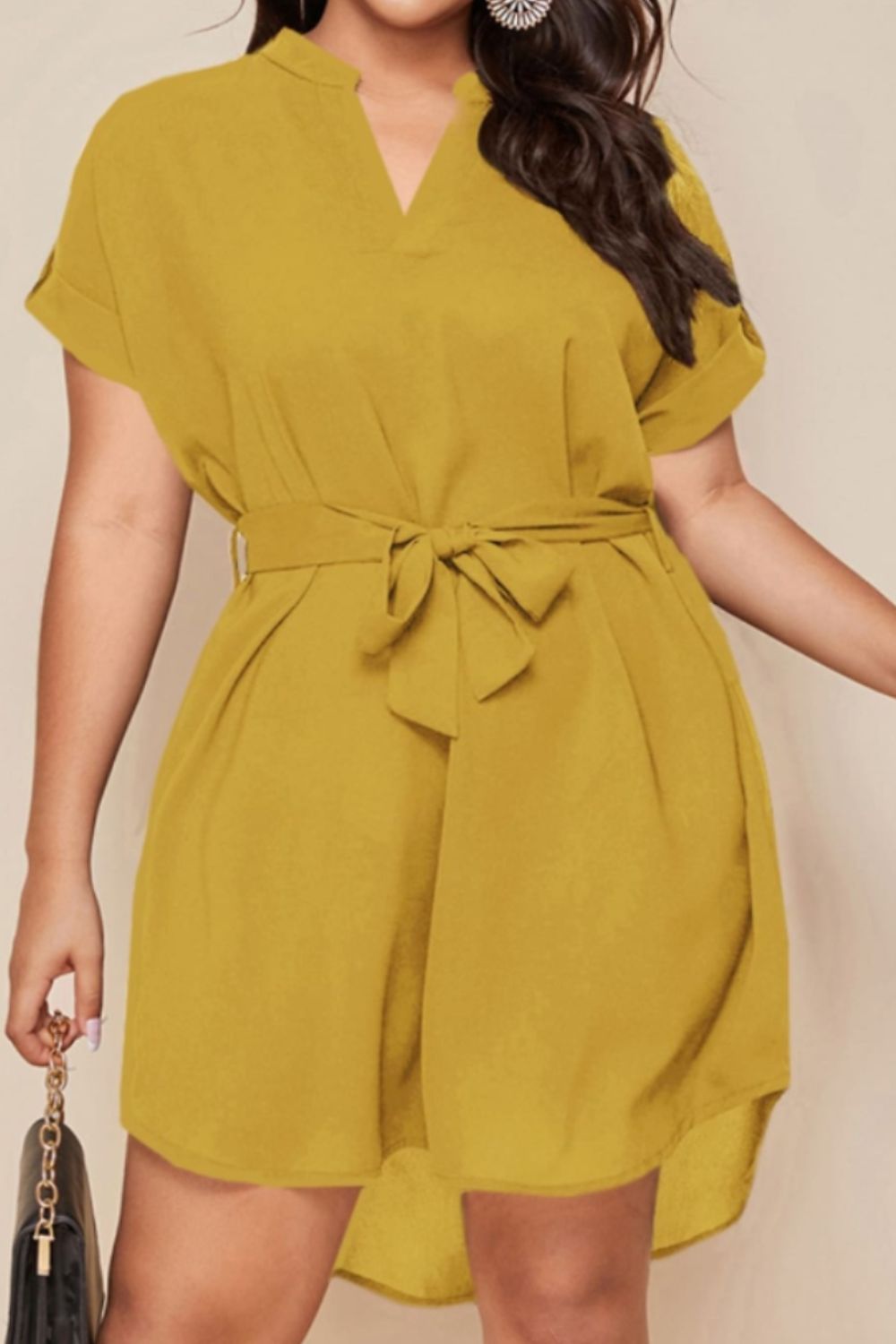 Plus Size Notched Tie Waist Mini Dress - Street Rider Apparel