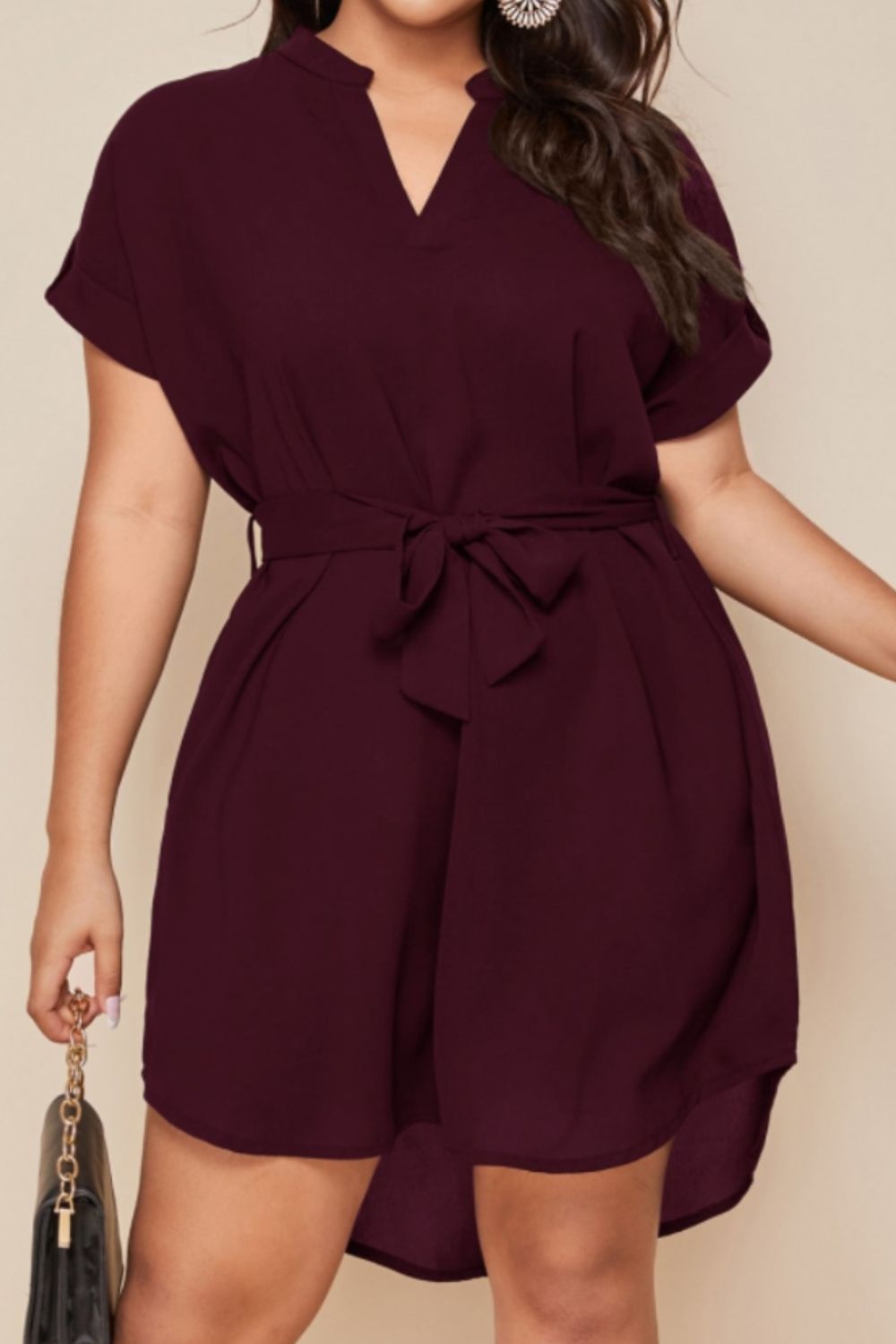 Plus Size Notched Tie Waist Mini Dress - Street Rider Apparel