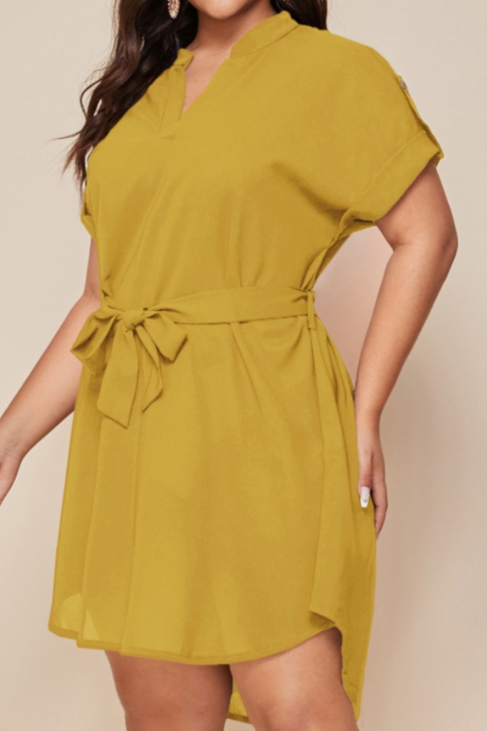 Plus Size Notched Tie Waist Mini Dress - Street Rider Apparel