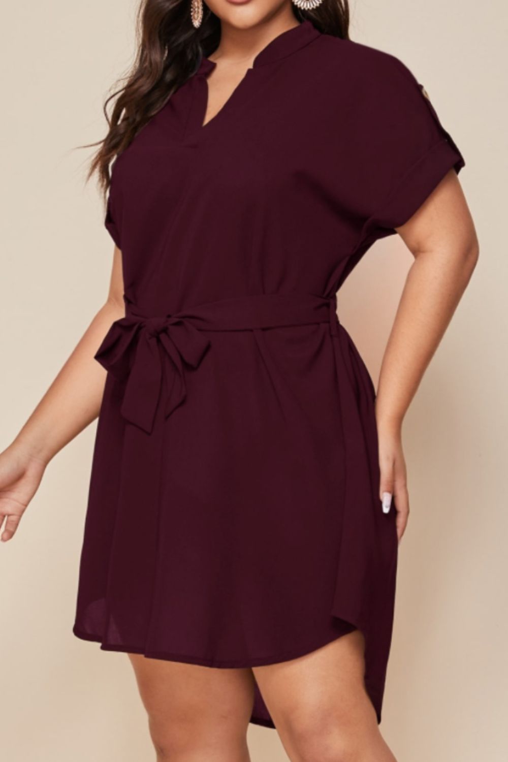 Plus Size Notched Tie Waist Mini Dress - Street Rider Apparel