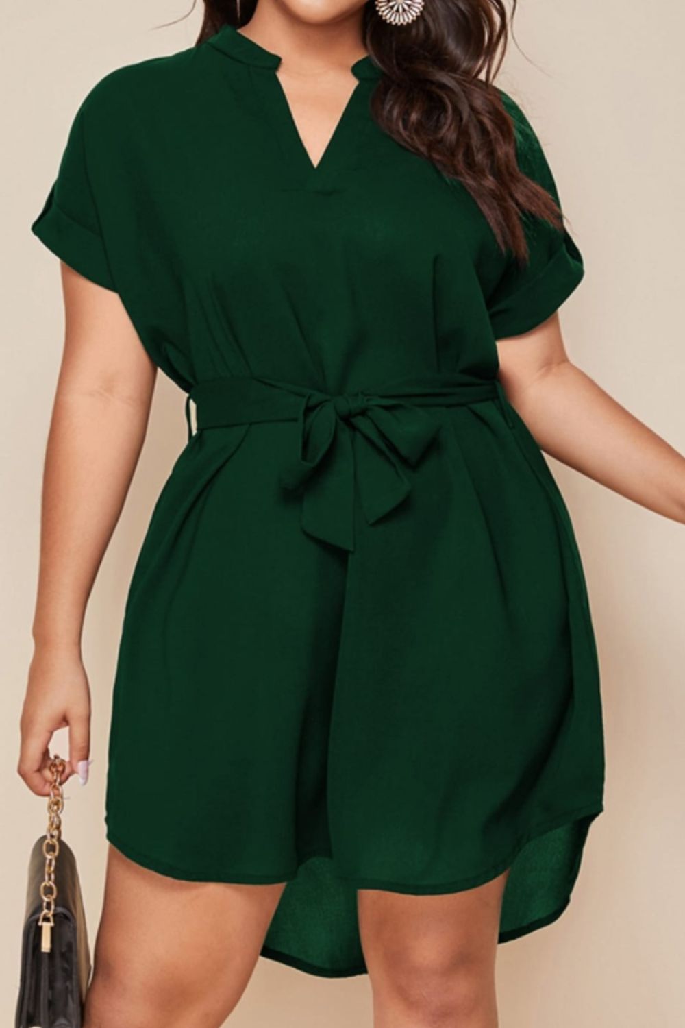 Plus Size Notched Tie Waist Mini Dress - Street Rider Apparel