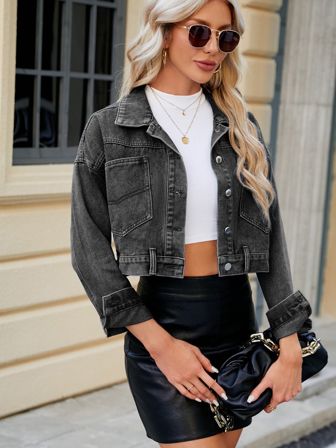 Pocketed Button Up Dropped Shoulder Denim Jacket - Street Rider Apparel