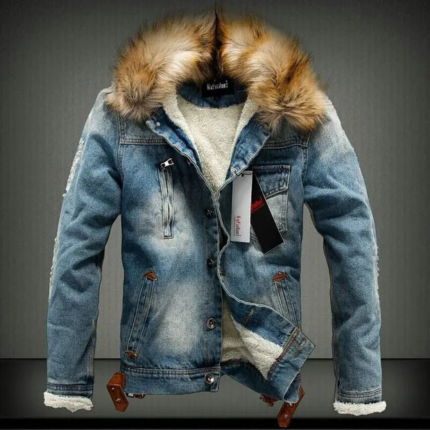 Retro Denim Jacket with Fur Collar - Street Rider Apparel