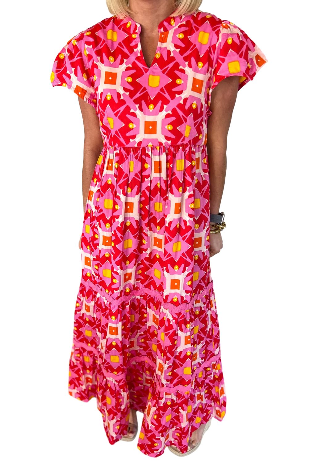 Strawberry Pink Abstract Print Pleated Flounce Sleeve Maxi Dress - Street Rider Apparel