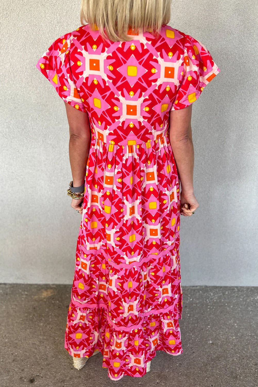 Strawberry Pink Abstract Print Pleated Flounce Sleeve Maxi Dress - Street Rider Apparel