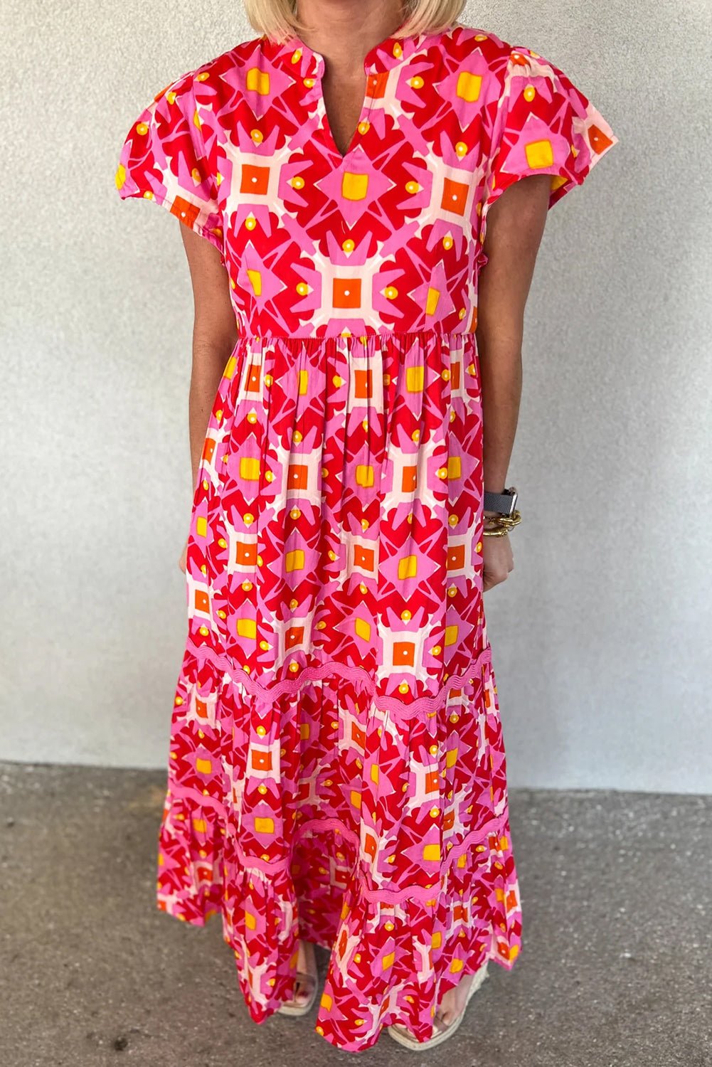 Strawberry Pink Abstract Print Pleated Flounce Sleeve Maxi Dress - Street Rider Apparel