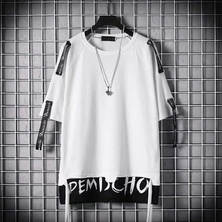 super Fire Ribbon Hooded Hip Hop Short Sleeve Hip Hop Fashion T-shirt Men's Fake Two-piece Street Bf Loose Five Sleeve T-shirt - Street Rider Apparel