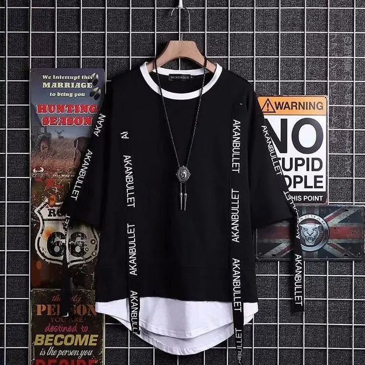 super Fire Ribbon Hooded Hip Hop Short Sleeve Hip Hop Fashion T-shirt Men's Fake Two-piece Street Bf Loose Five Sleeve T-shirt - Street Rider Apparel