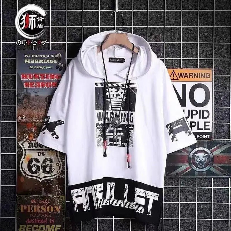 super Fire Ribbon Hooded Hip Hop Short Sleeve Hip Hop Fashion T-shirt Men's Fake Two-piece Street Bf Loose Five Sleeve T-shirt - Street Rider Apparel