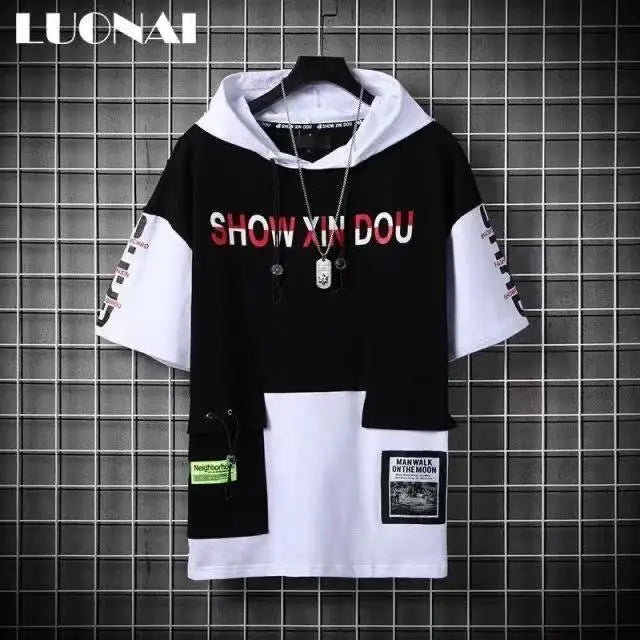 super Fire Ribbon Hooded Hip Hop Short Sleeve Hip Hop Fashion T-shirt Men's Fake Two-piece Street Bf Loose Five Sleeve T-shirt - Street Rider Apparel