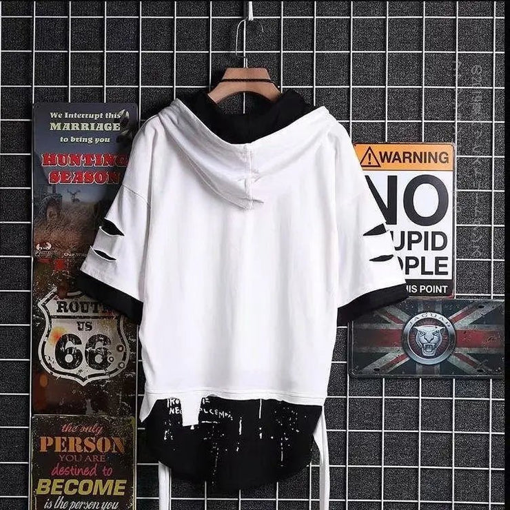 super Fire Ribbon Hooded Hip Hop Short Sleeve Hip Hop Fashion T-shirt Men's Fake Two-piece Street Bf Loose Five Sleeve T-shirt - Street Rider Apparel