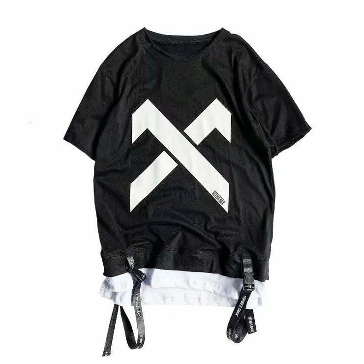 super Fire Ribbon Hooded Hip Hop Short Sleeve Hip Hop Fashion T-shirt Men's Fake Two-piece Street Bf Loose Five Sleeve T-shirt - Street Rider Apparel