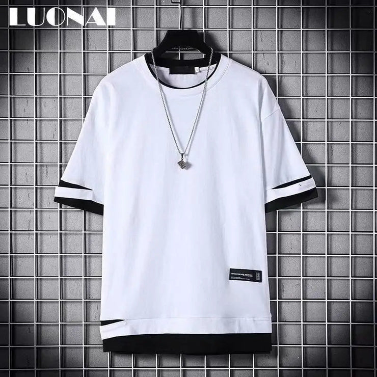 super Fire Ribbon Hooded Hip Hop Short Sleeve Hip Hop Fashion T-shirt Men's Fake Two-piece Street Bf Loose Five Sleeve T-shirt - Street Rider Apparel