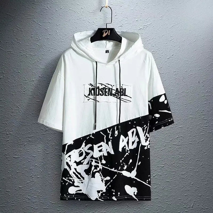 super Fire Ribbon Hooded Hip Hop Short Sleeve Hip Hop Fashion T-shirt Men's Fake Two-piece Street Bf Loose Five Sleeve T-shirt - Street Rider Apparel