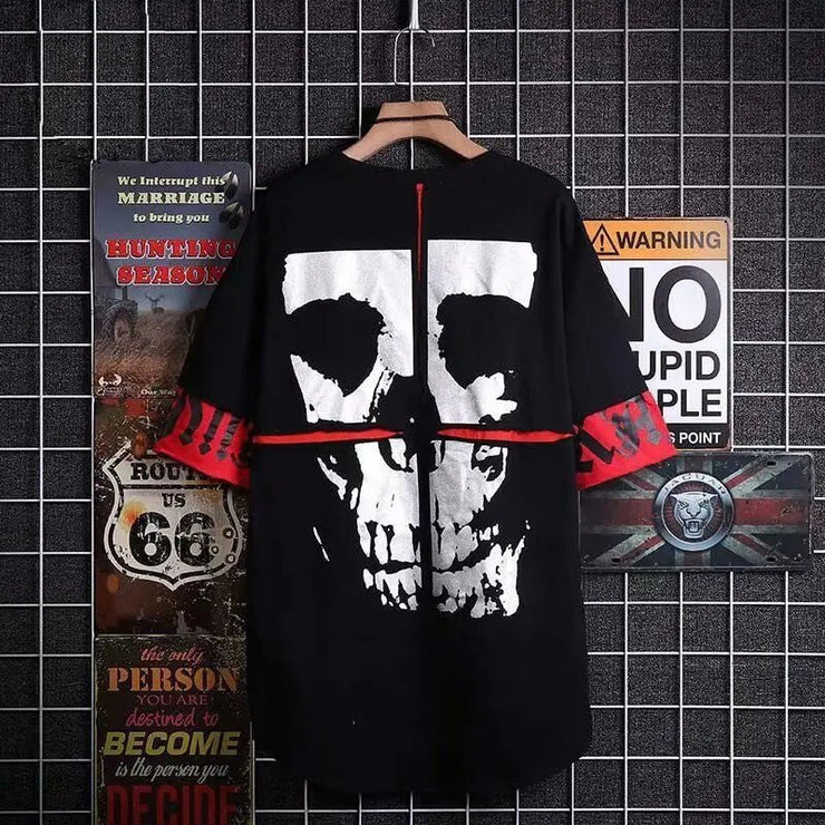 super Fire Ribbon Hooded Hip Hop Short Sleeve Hip Hop Fashion T-shirt Men's Fake Two-piece Street Bf Loose Five Sleeve T-shirt - Street Rider Apparel