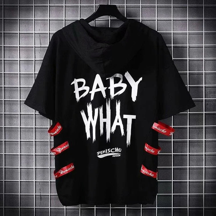 super Fire Ribbon Hooded Hip Hop Short Sleeve Hip Hop Fashion T-shirt Men's Fake Two-piece Street Bf Loose Five Sleeve T-shirt - Street Rider Apparel