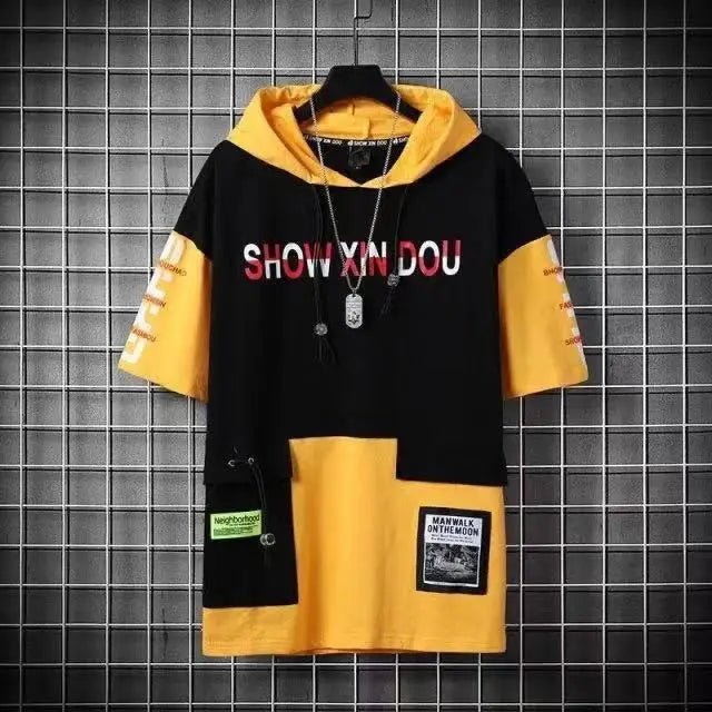 super Fire Ribbon Hooded Hip Hop Short Sleeve Hip Hop Fashion T-shirt Men's Fake Two-piece Street Bf Loose Five Sleeve T-shirt - Street Rider Apparel