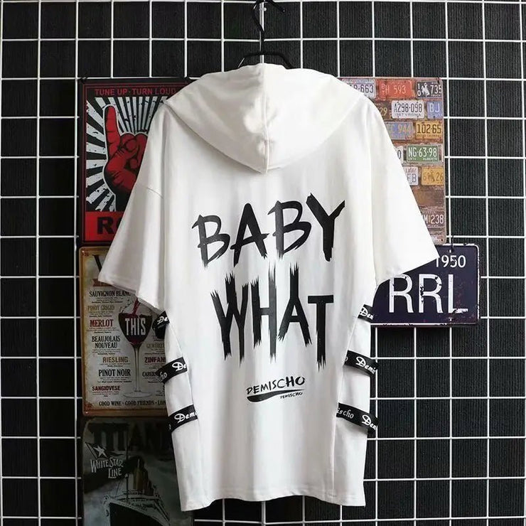 super Fire Ribbon Hooded Hip Hop Short Sleeve Hip Hop Fashion T-shirt Men's Fake Two-piece Street Bf Loose Five Sleeve T-shirt - Street Rider Apparel