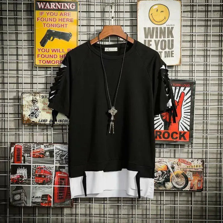 super Fire Ribbon Hooded Hip Hop Short Sleeve Hip Hop Fashion T-shirt Men's Fake Two-piece Street Bf Loose Five Sleeve T-shirt - Street Rider Apparel