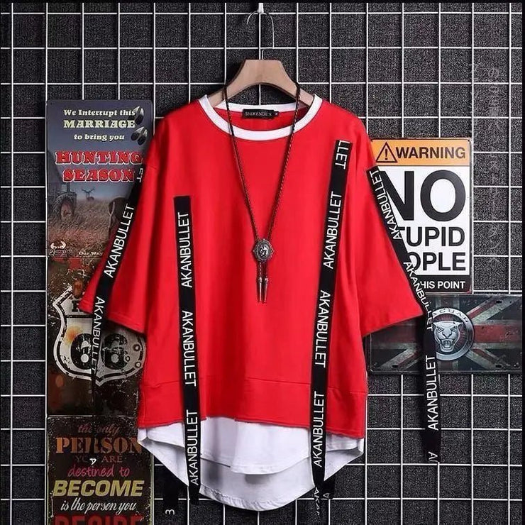 super Fire Ribbon Hooded Hip Hop Short Sleeve Hip Hop Fashion T-shirt Men's Fake Two-piece Street Bf Loose Five Sleeve T-shirt - Street Rider Apparel