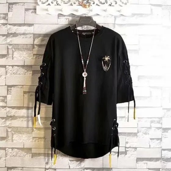 super Fire Ribbon Hooded Hip Hop Short Sleeve Hip Hop Fashion T-shirt Men's Fake Two-piece Street Bf Loose Five Sleeve T-shirt - Street Rider Apparel