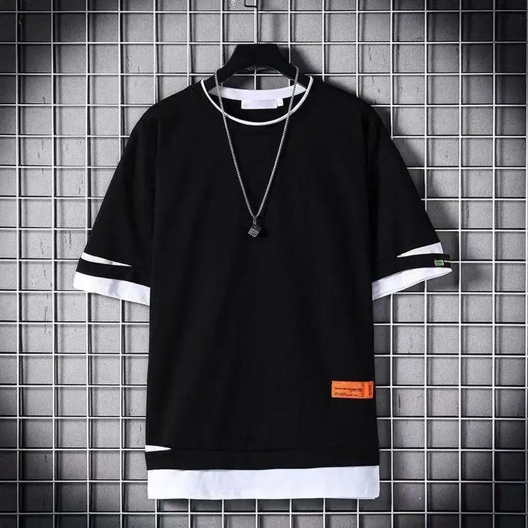 super Fire Ribbon Hooded Hip Hop Short Sleeve Hip Hop Fashion T-shirt Men's Fake Two-piece Street Bf Loose Five Sleeve T-shirt - Street Rider Apparel