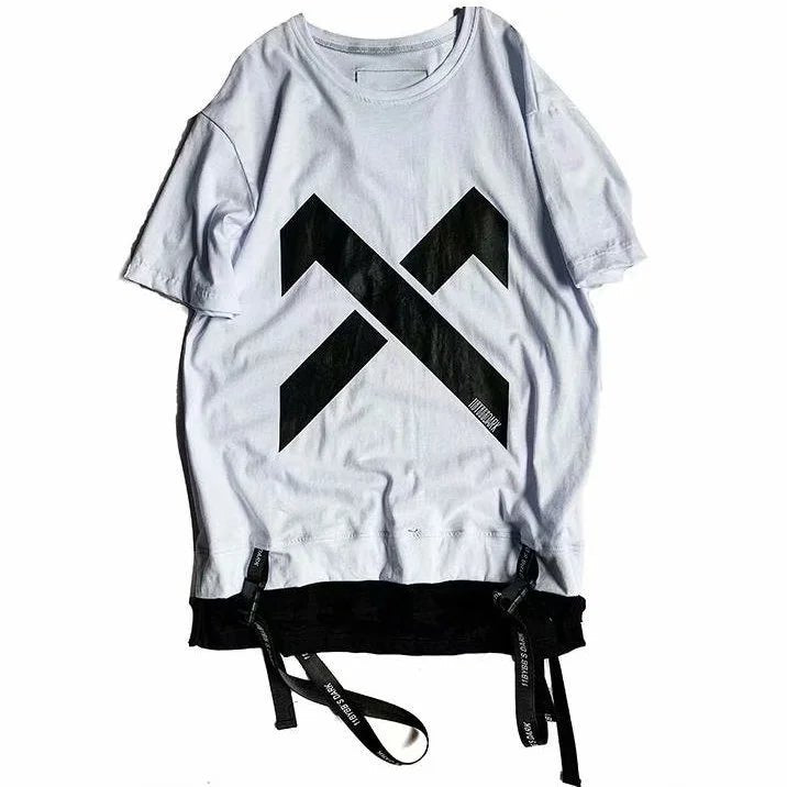 super Fire Ribbon Hooded Hip Hop Short Sleeve Hip Hop Fashion T-shirt Men's Fake Two-piece Street Bf Loose Five Sleeve T-shirt - Street Rider Apparel