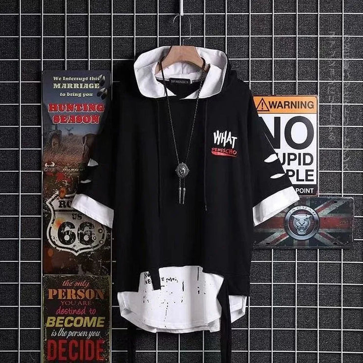 super Fire Ribbon Hooded Hip Hop Short Sleeve Hip Hop Fashion T-shirt Men's Fake Two-piece Street Bf Loose Five Sleeve T-shirt - Street Rider Apparel