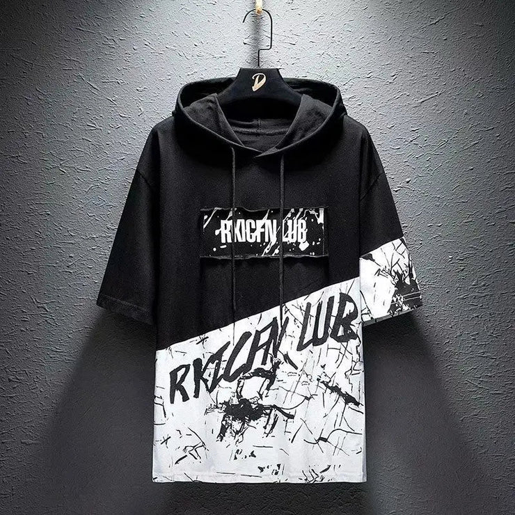 super Fire Ribbon Hooded Hip Hop Short Sleeve Hip Hop Fashion T-shirt Men's Fake Two-piece Street Bf Loose Five Sleeve T-shirt - Street Rider Apparel