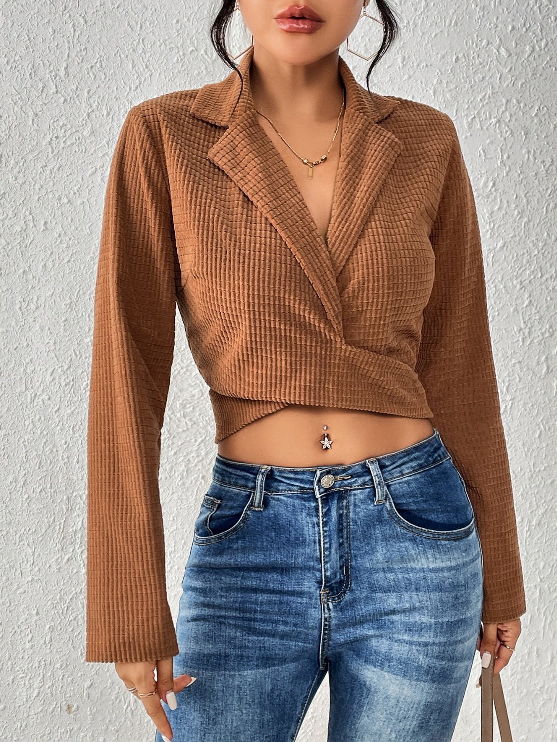 Tied Collared Neck Cropped Top - Street Rider Apparel