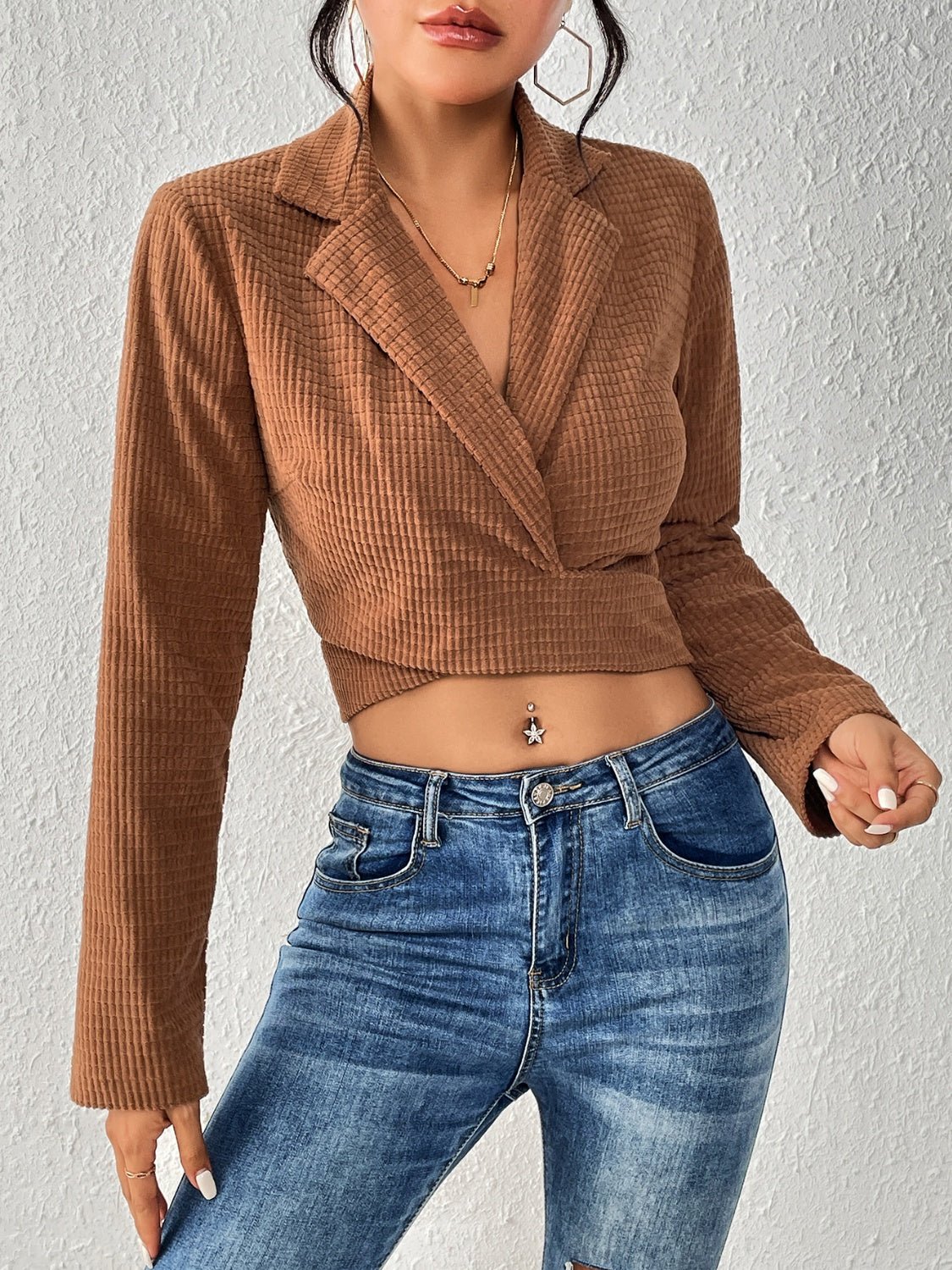 Tied Collared Neck Cropped Top - Street Rider Apparel