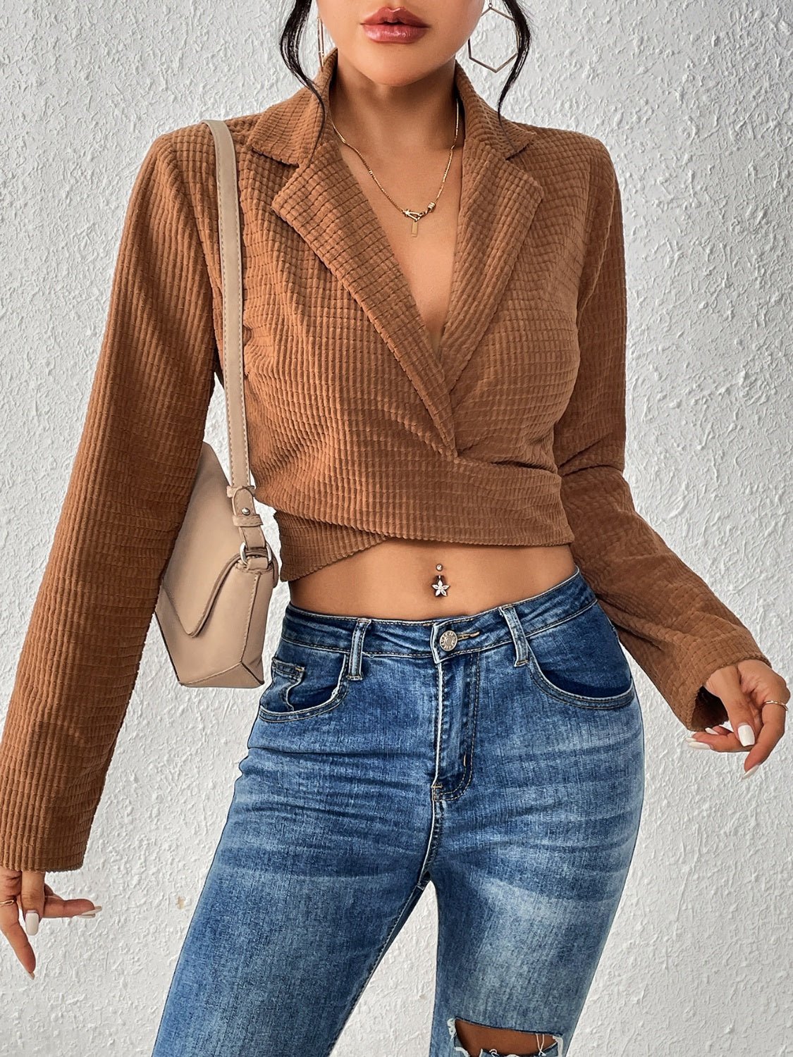 Tied Collared Neck Cropped Top - Street Rider Apparel