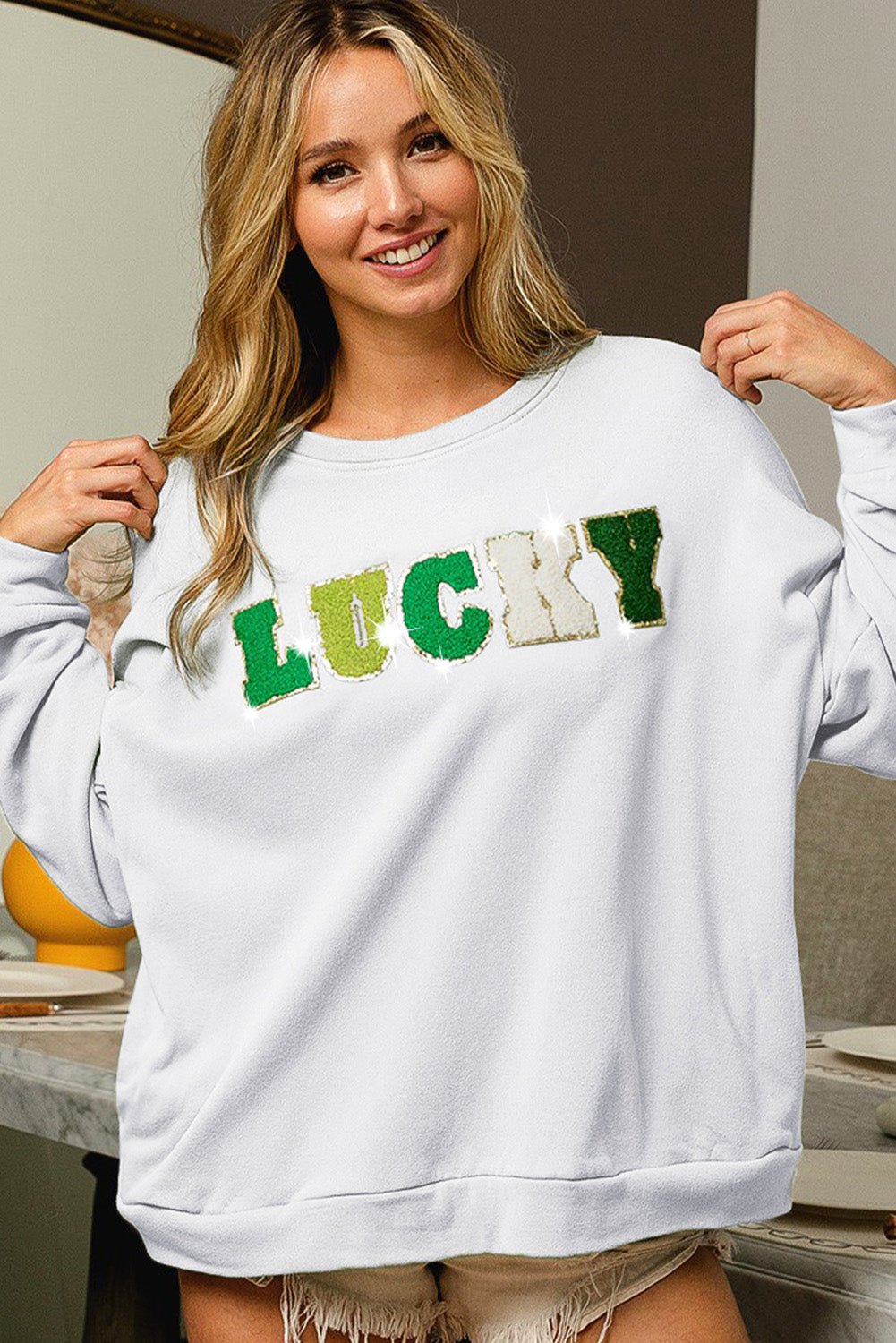 White Lucky Letter Embroidered Pullover Graphic Sweatshirt - Street Rider Apparel