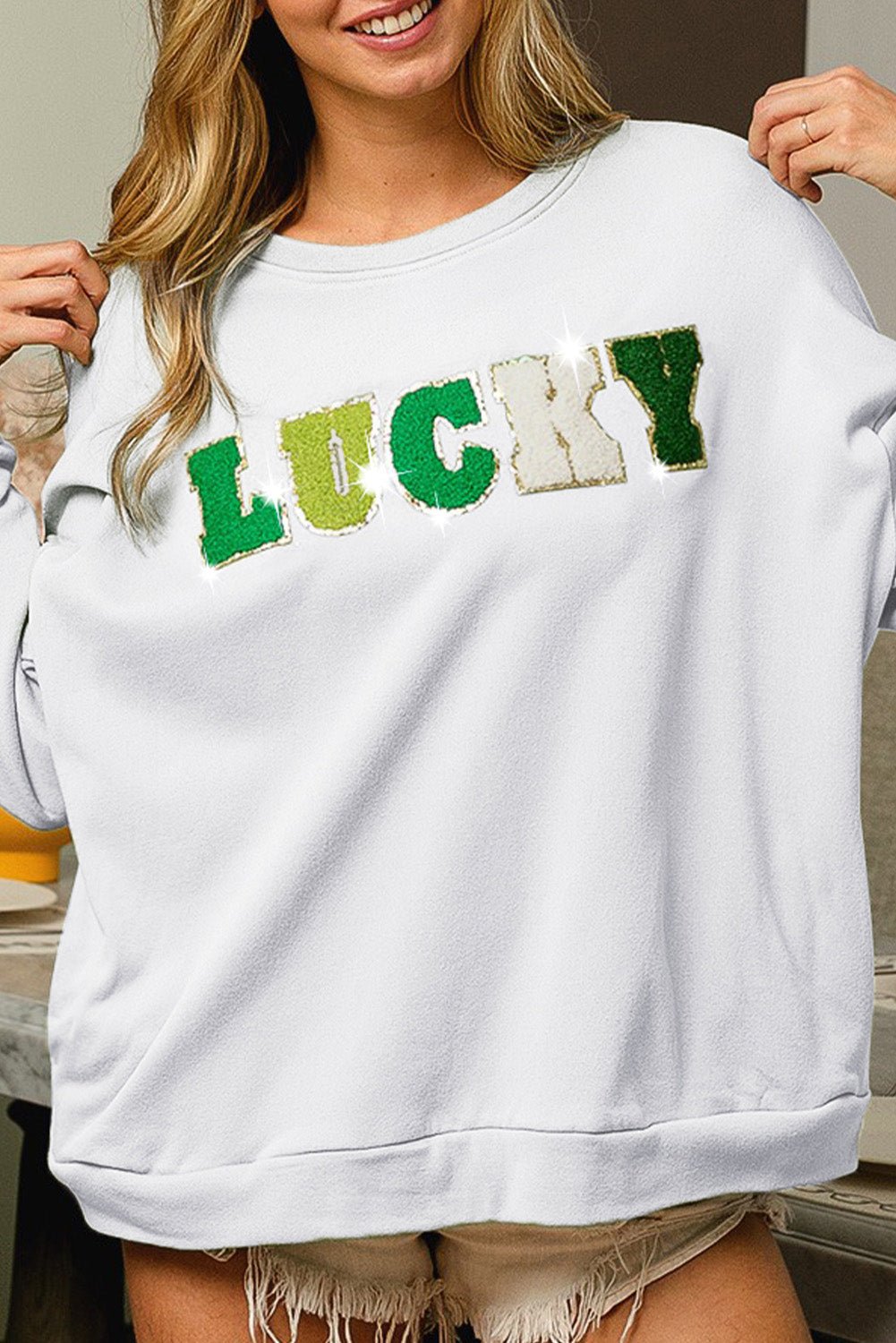 White Lucky Letter Embroidered Pullover Graphic Sweatshirt - Street Rider Apparel