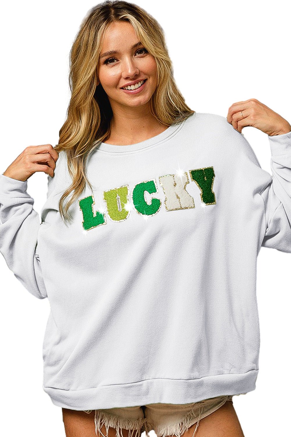 White Lucky Letter Embroidered Pullover Graphic Sweatshirt - Street Rider Apparel