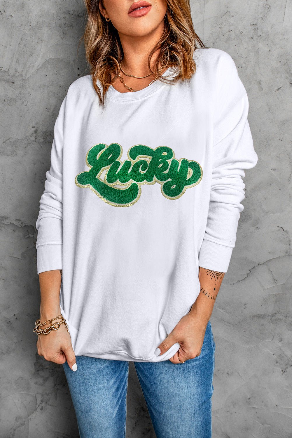 White Shiny Trim Chenille Lucky Letter Graphic Sweatshirt - Street Rider Apparel