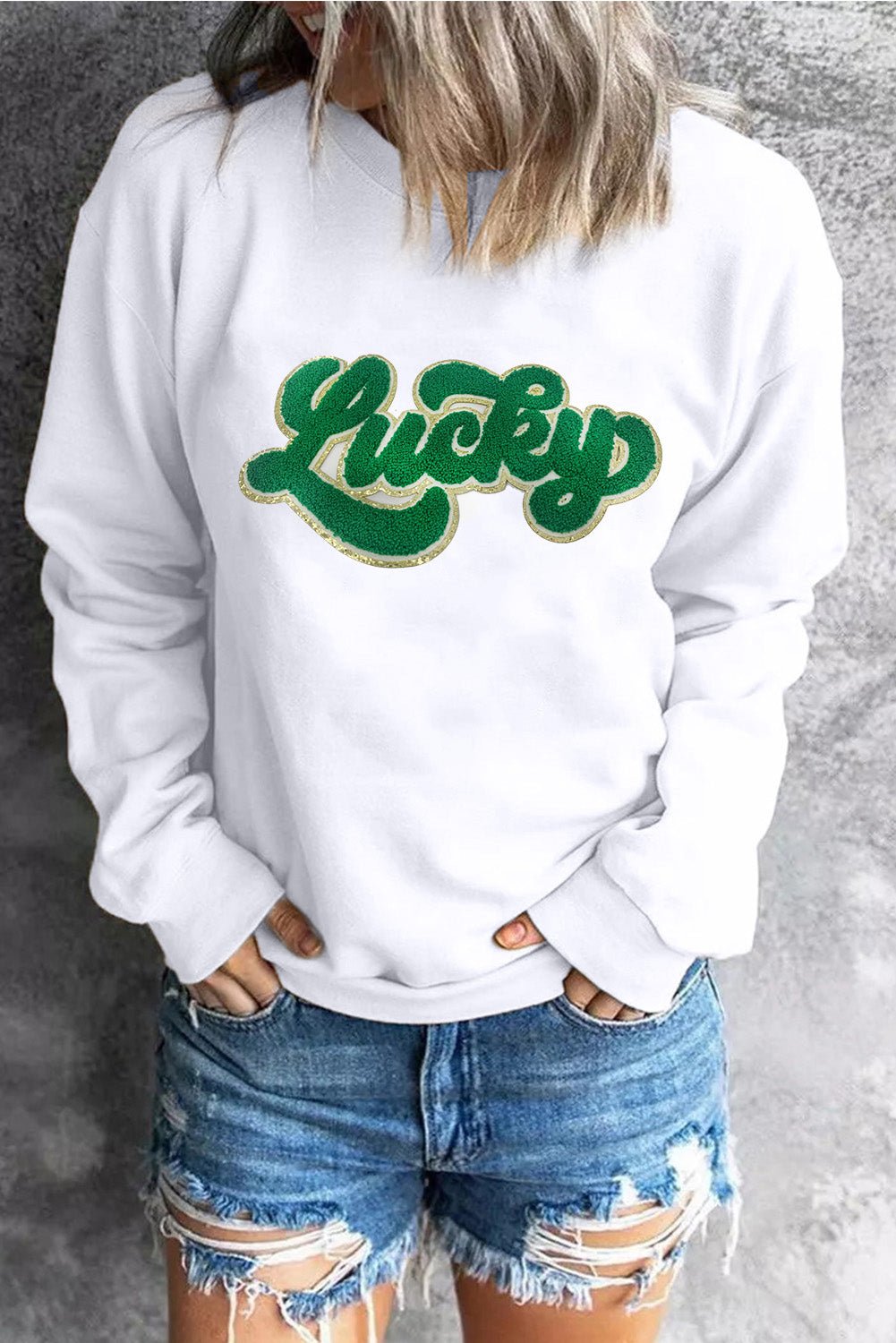 White Shiny Trim Chenille Lucky Letter Graphic Sweatshirt - Street Rider Apparel