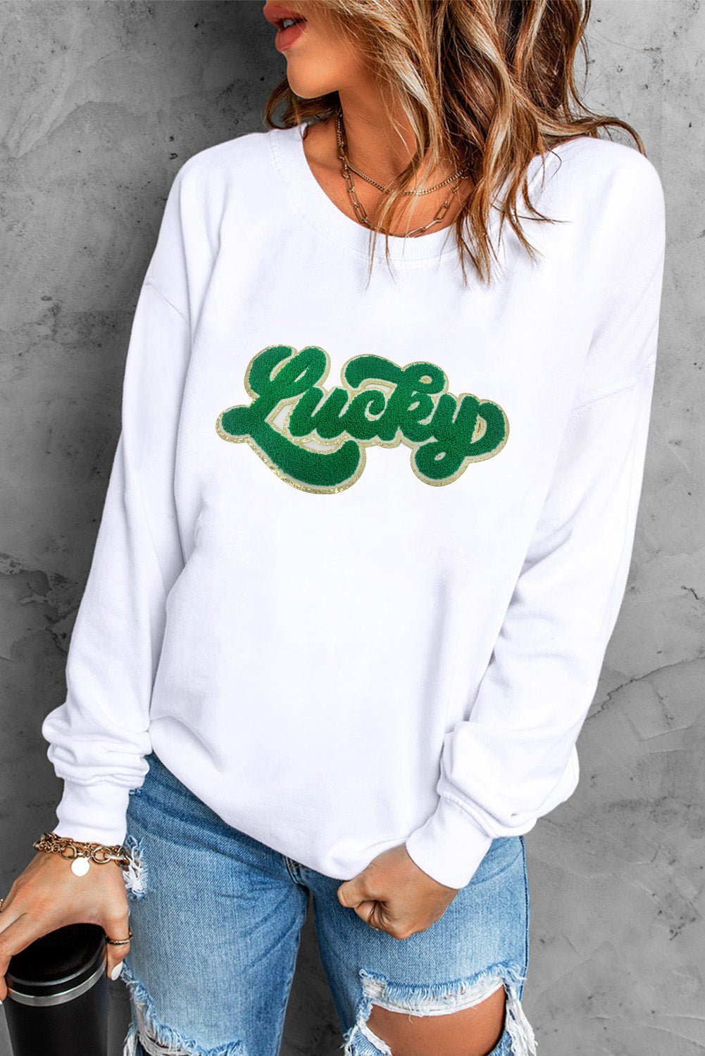 White Shiny Trim Chenille Lucky Letter Graphic Sweatshirt - Street Rider Apparel