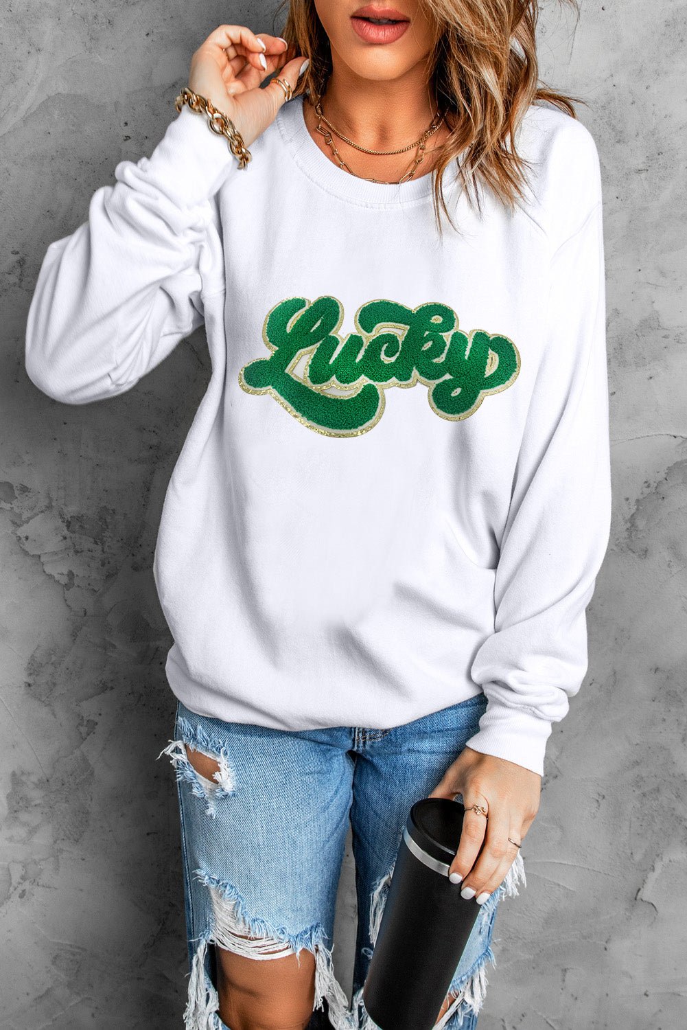 White Shiny Trim Chenille Lucky Letter Graphic Sweatshirt - Street Rider Apparel