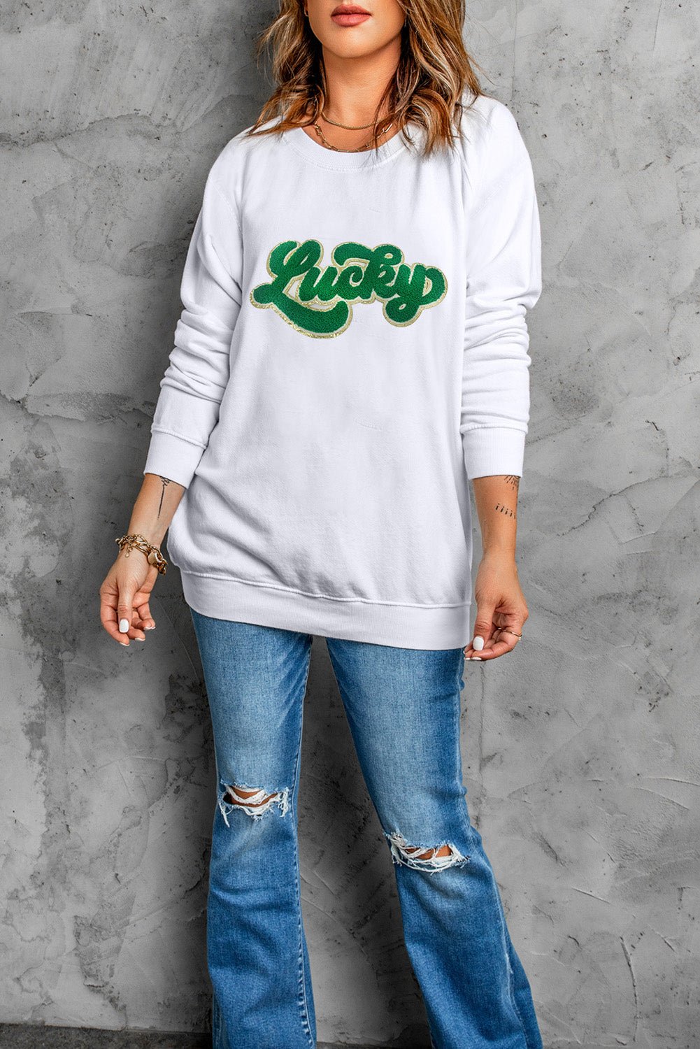 White Shiny Trim Chenille Lucky Letter Graphic Sweatshirt - Street Rider Apparel