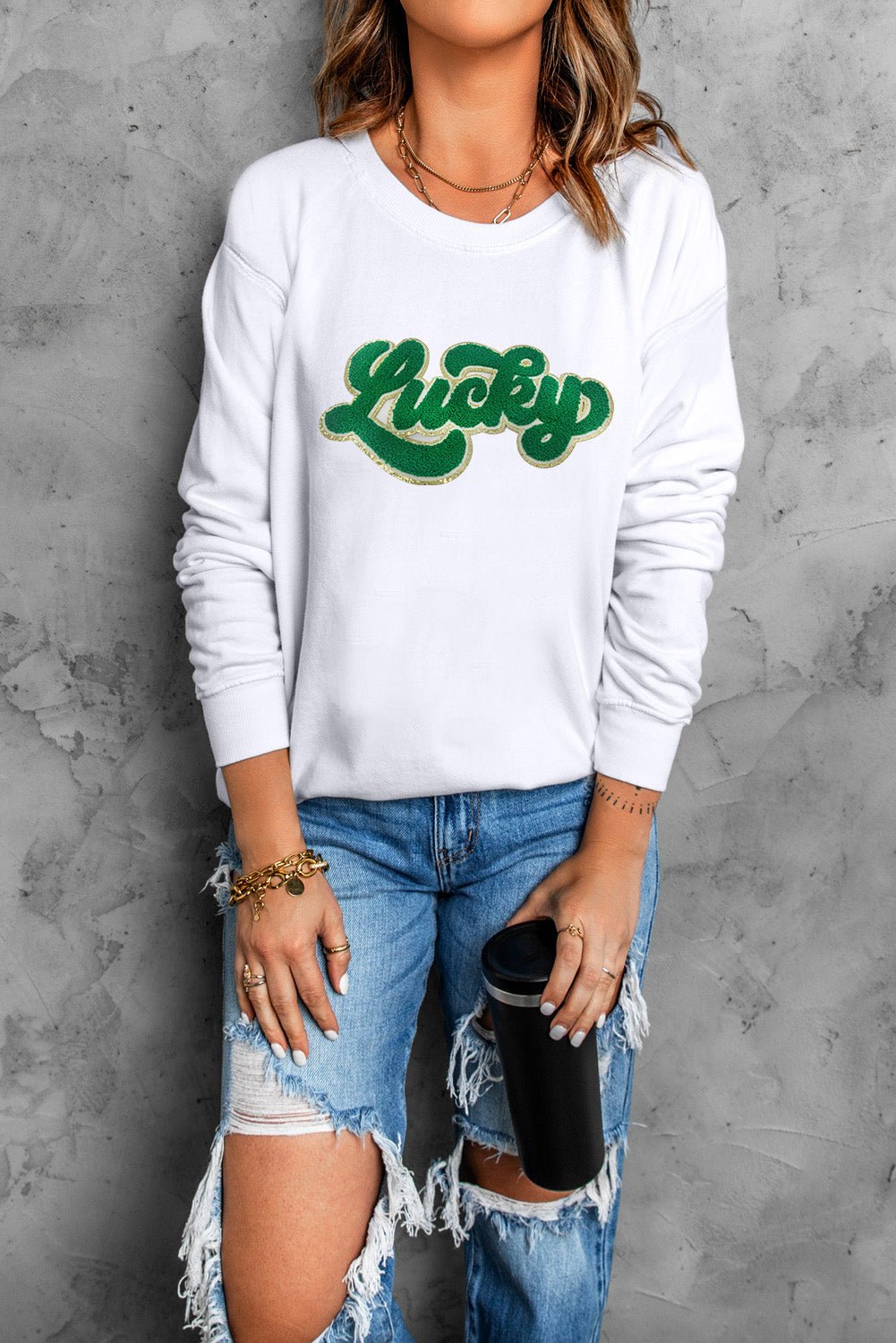 White Shiny Trim Chenille Lucky Letter Graphic Sweatshirt - Street Rider Apparel